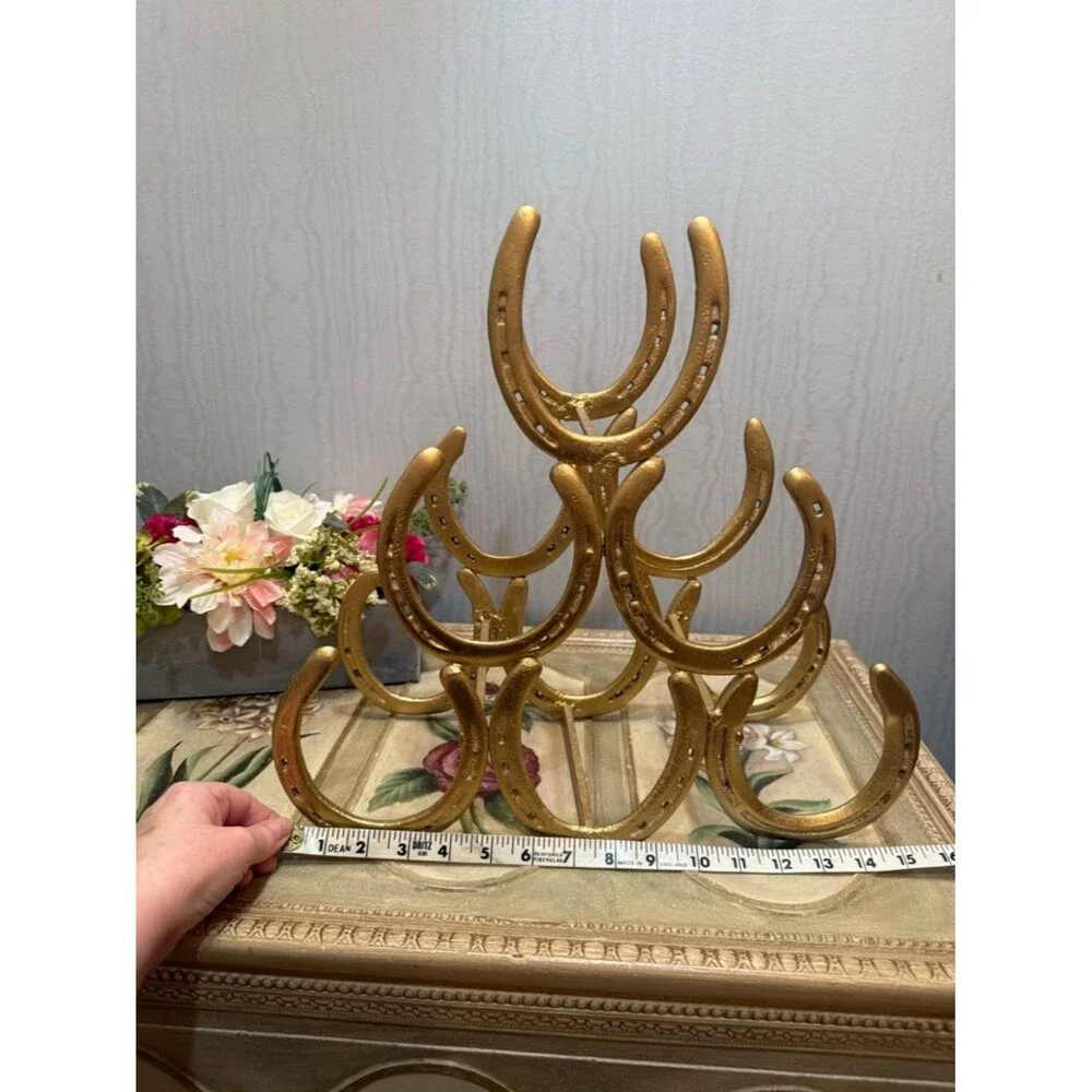 Rare Handmade Genuine Horseshoe Wine Rack Heavy Duty Six Holders Gold Color
